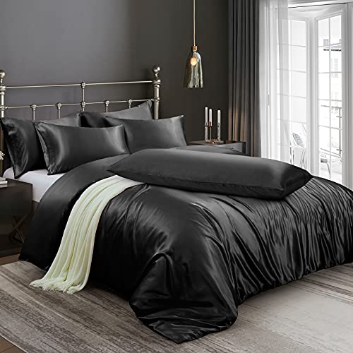 Ersmak 6 Pieces Satin Duvet Cover King Size Luxury Silky Bedding Duvet Cover Set with 1 Soft Duvet Cover, 4 King Pillowcases and 1 Body Pillowcase, Black Ersmak