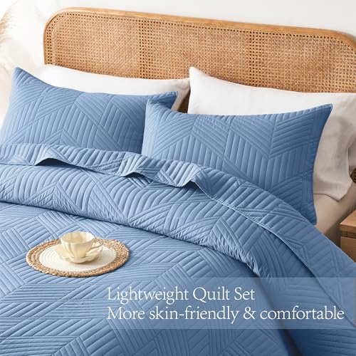 Davulos Twin Quilt Bedding Set,Bluish Grey Ultrasonic Quilt Set Reversible Microfiber Bedspread,Lightweight Soft Modern Geometric Coverlet Set for All Seasons(1 Quilt,1 Pillow Sham) Davulos