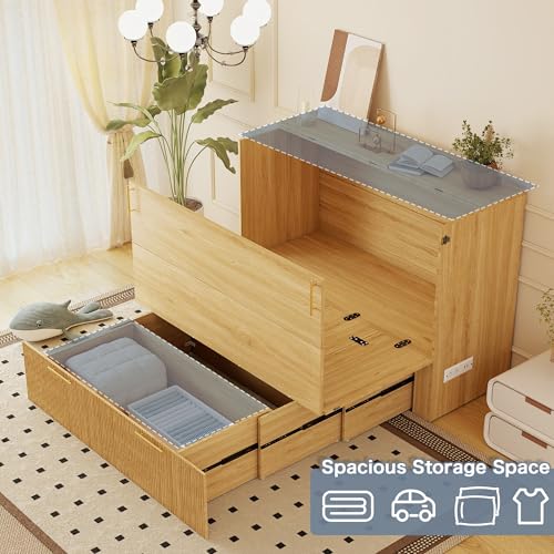 Jotirxe Full Size Murphy Bed: Murphy Cabinet with Charging Station & Large Drawers, Fluted Cabinet Bed with Foldable Panel for Guest Room, Living Room and Office, Oak Jotirxe