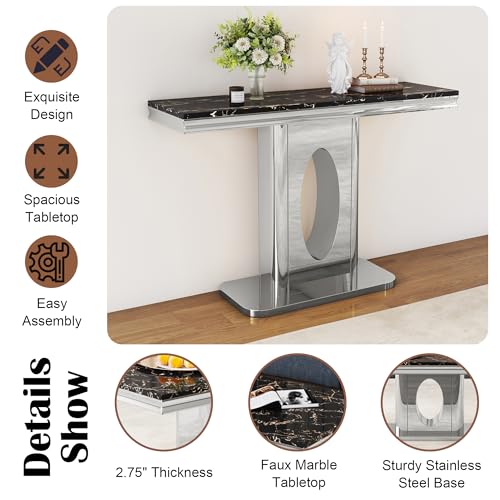 ModaWhly 47 Inch Console Table with Black Rectangular Faux Marble Top, Modern Sofa Entryway Table with Silver Stainless Steel Base for Living Room, Hallway, Entrance ModaWhly