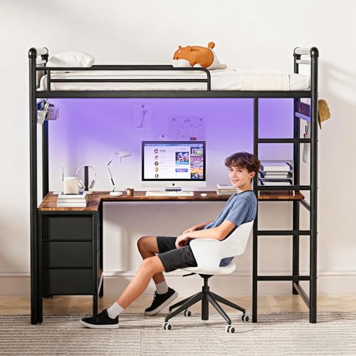 KSOBEBVT Twin Loft Bed with Desk, Gaming Bunk Bed with Stairs, Metal Loft Bed Heavy Duty Loft Beds for Adults, 3 Fabric Drawers, LED Lights & Charging Sation, No Noise & No Box Spring Needed, Black KSOBEBVT
