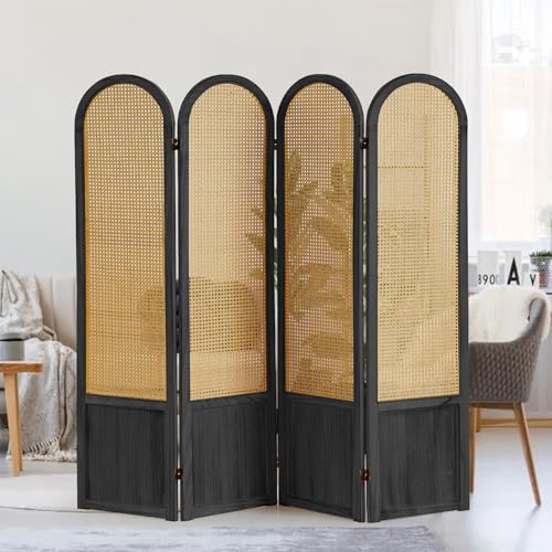 ALeesing 4 Panel Room Dividers and Folding Privacy Screens, Hand-Made Rattan Room Divider with Bi-Directional Hinge, Pre-Assembled Wood Room Divider Wall for Home Office Bedroom, Black ALeesing