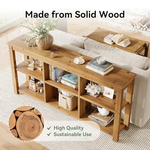 TRIBEWOOD 63-Inch Solid Wood Console Table for Entryway, 3-Tier Long Farmhouse Sofa Table with 6 Storage Cubes for Living Room, Hallway, Brown TRIBEWOOD