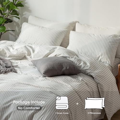 MooMee Striped Duvet Cover Set 100% Washed Cotton Linen Like Textured Breathable Durable Soft Comfy (White Dark Grey Wide Stripes, Queen 90"x90") MooMee