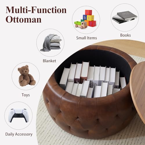 gusohey Round Storage Ottoman with Wooden Lid, Tufted PU Leather Circle Ottoman Footrest Stool Bench Coffee Table for Living Room,Brown gusohey