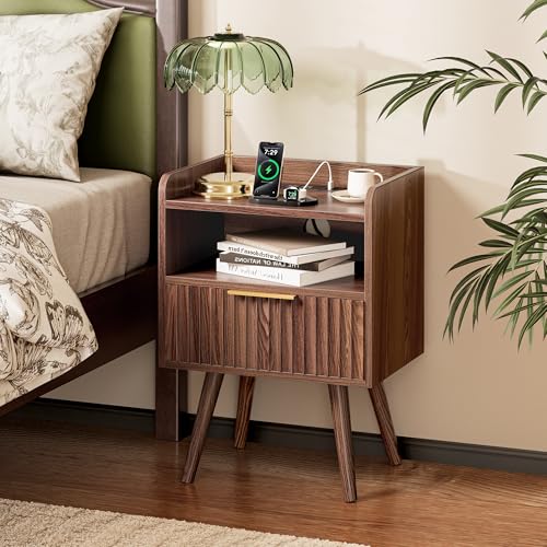 Huuger Nightstand with Charging Station, USB-C Port, Fluted Night Stand Set of 2, Bed Side Table with Drawer, Solid Wood Feet, Open Storage, End Table with Raised Edge, for Bedroom, Walnut Huuger