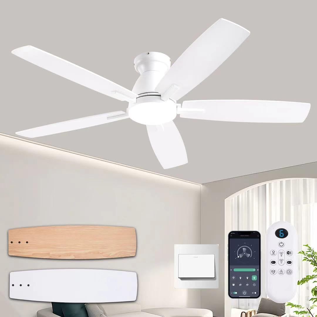 NKPU 52 Inch White Modern Ceiling Fans with Lights, Low Profile Ceiling Fan and Remote Control, DC Reversible Motor, Dimmable LED Ceiling Fans for Bedroom,Indoor/Outdoor Patio Use NKPU