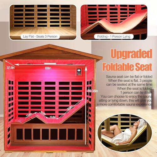 3 Person Sauna Outdoor Sauna Far Infrared Saunas Ultra Low EMF Infrared Sauna for Home 1950W 20Amps Indoor Sauna Mahogany Wooden Sauna Spa with Beauty Red Light, Foldable Seat, Headrest, 0-5mG SALUSHEAT
