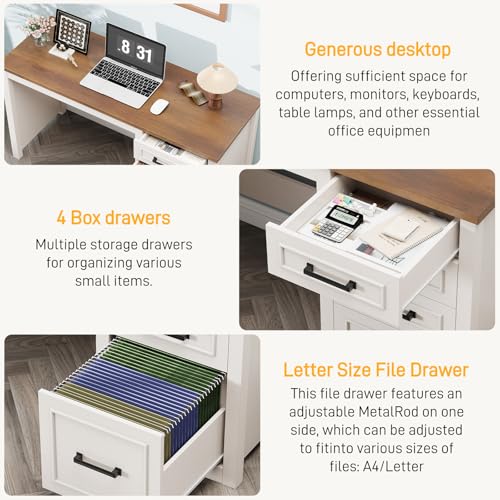 Vabches Farmhouse 49” Executive Desk with File Drawer, 4 Drawers Reversible Computer Desk with Storage, Rustic Home Writing Workstation for Home Office.White Brown Vabches