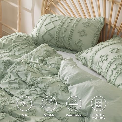 Bedsure Boho Twin Duvet Cover, Soft & Comfortable Elegant Design Boho Bedding for Decoration, Machine Washable Comforter Cover for All Seasons,Includes 1 Duvet Cover & 1 Pillow Sham,Light Green Bedsure