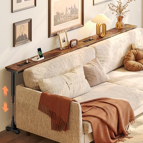 Huuger 78.7 Inch Behind Couch Table with Power Outlets, 23.9’’-34.4’’ Height Adjustable Range, Sofa Tables Narrow Long with USB-C Ports, Skinny Console Table, for Small Spaces, Rustic Brown Huuger