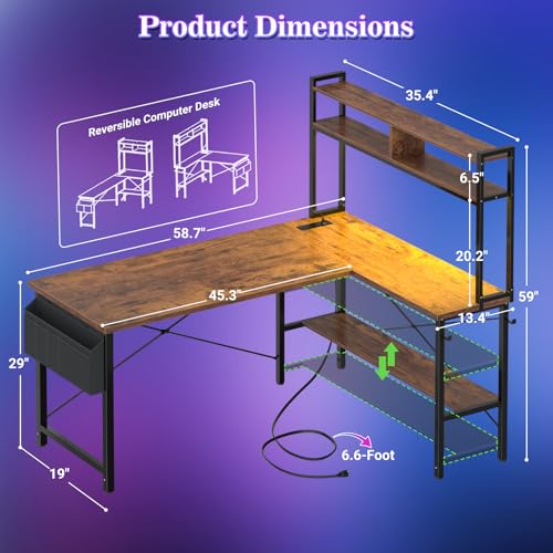 Aheaplus L Shaped Desk Gaming Desk, 59" L Shaped Computer Desk with LED Light & Power Outlet, Reversible Home Office Desk Gamer Desk with Shelves & Storage Bag & Hooks, Corner PC Desk, Rustic Brown Aheaplus