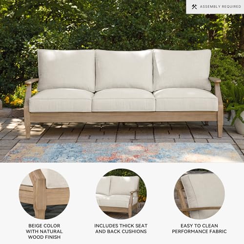 Signature Design by Ashley Carter Hall Outdoor Eucalyptus Wood Patio Sofa – Cushioned with UV-Resistant Nuvella Fabric, 5-Step Protective Finish, Beige Signature Design by Ashley