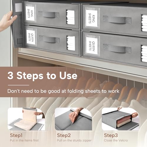 Criusia Bed Sheet Organizers and Storage, 6 Pack Foldable Linen Closet Organizer Box – Bedding Holder for Sheet Set (King/Queen Sizes), Duvet Covers, Blankets (Grey) Criusia