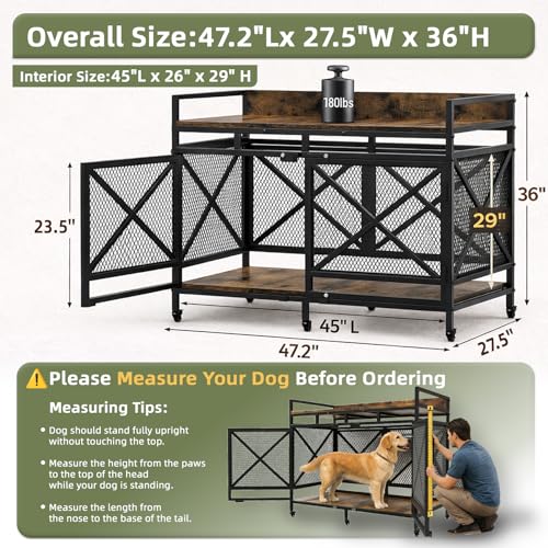48 Inch Extra Large Furniture Dog Crate | COZPAW Heavy Duty Wooden Indoor Dog Kennel with Caster Wheels | Decorative Pet House End Table | Caramel Brown COZPAW