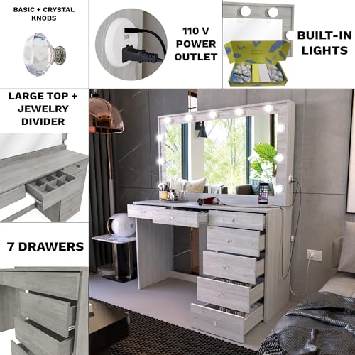 Boahaus Isolde Large Greige Makeup Vanity Desk with Lights, 7 Drawers, USB and Power Outlet, Large Top, Vanity Mirror with Lights Built-in, Farmhouse, Crystal Knobs, 58.2'' H x 47.2'' W x 17.7'' D Boahaus