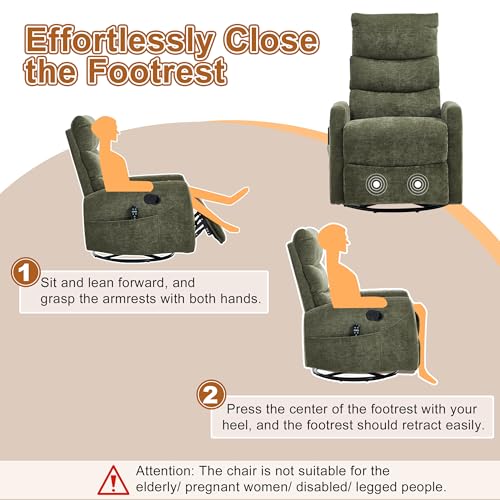 Manual Swivel Rocker Recliner Chair for Adults, Overstuffed Glider Chair for Nursing with Vibration Massage & Lumbar Heat, Living Room Rocking Recliner 3-Stage backrest, Chenille Fabric Green