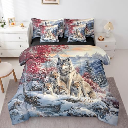 Wolf Family Comforter Set King Size 7 Pieces,Animal Wolves Printed Bed Set for Boys Kids,Wildlife Bedding Bed in a Bag,King (1 Comforter,2 Pillowcase,2 Pillow Covers,1 Flat Sheet,1 Fitted Sheet) Castle Fairy