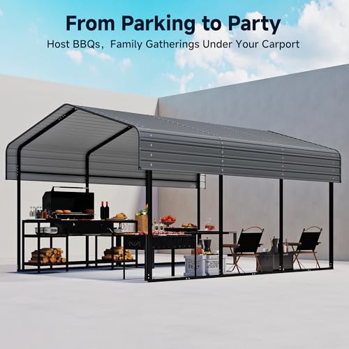 10x15FT Heavy Duty Metal Carport, Outdoor Carport Canopy with Galvanized Steel Roof and Reinforced Base,Removable Sidewalls & Door, Garage Shelter Shade for Cars,Trucks, Boats, Gray Real Relax