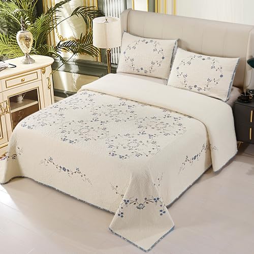 Quilt Set Blue Floral 3D Embroidery Pattern 3 PCS 100% Cotton Reversible Quilted Embroidered Decorative Bedspreads Coverlet Set, Lightweight &Soft King Size White Bedding Coverlet for All Season ROOMLIFE