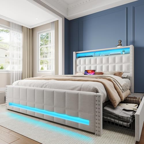 Maupvit Queen Size Bed Frame with 4 Storage Drawers,Upholstered Bed Frame with 2-Tier Storage Headboard,RGB LED Light,Charging Station,No Box Spring Needed,Easy Asse,Beige Maupvit