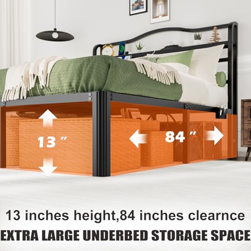 Queen Bed Frame 14 Inch Metal Bed Frame Queen Size with Headboard & Star Projector Lights & White Noise & Charging Station,Modern Design with Large Storage Space,No Box Spring Needed (14 Inch, Queen) RmagineX