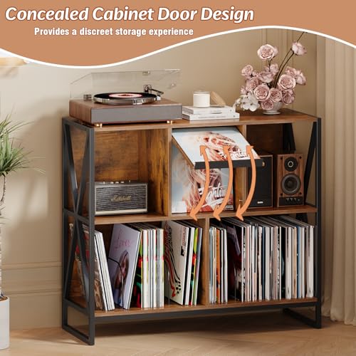 Welfuturer Large 3 Tier Record Player Stand Turntable Stand with Vinyl Storage Holds up to 300+ Albums Mid-Century Record Player Cabinet Table for Vinyl Records with 4 Dividers for Living Room (Brown) Welfuturer