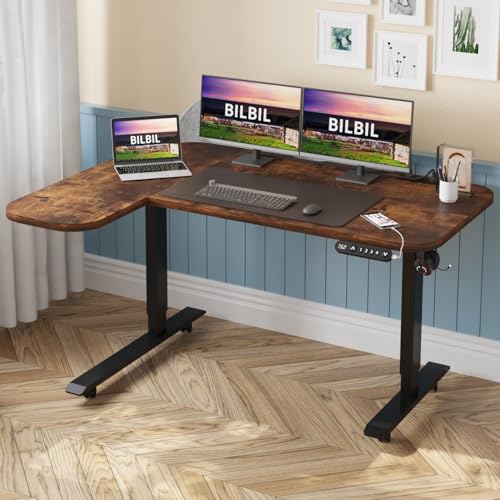 bilbil L-Shaped Electric Standing Desk with Power Strip & Privacy Screen(Gray), 59 Inch Workstation, Large Mouse Pad & 4-Preset Memory Buttons, Quiet Adjustable Desk for Dual Monitors(Rustic Brown) bilbil
