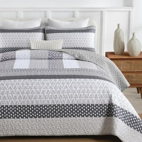 WONGS BEDDING Grey Quilt King Size, Bohemian Stripe Quilt Sets 3 Pieces Boho Quilted Bedspread Set Lightweight Microfiber Coverlet Bedding Set All Season (104"x90") WONGS BEDDING