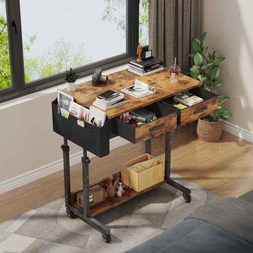 Small Portable Standing Rolling Desk - 32 Inch Adjustable Mobile Stand Up Teacher Desks with 2 Fabric Drawers on Wheels, Couch Sofa Side Laptop Table with Storage for Bedroom Home Office, Rustic Brown WINAZ