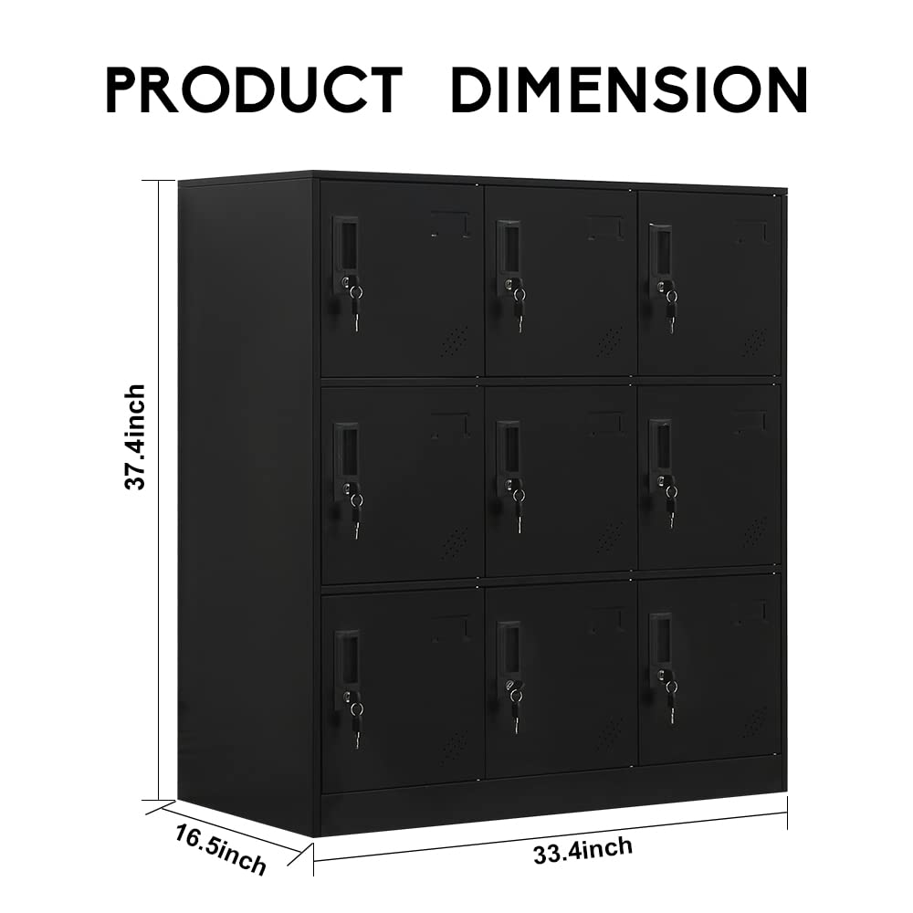 WISUNO 9 Doors Metal Storage Cabinet with Card Slot, Organizer,Shoes and Bags Steel Locker for Office, Home, Bank, School, Gym. (Black) WISUNO
