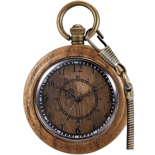 Tiong Wooden Pocket Watches for Men Handmade Bamboo with Chain Analog Quartz Wood Pocket Watch Father's Day Gifts for Dad(Dark Brown) Tiong