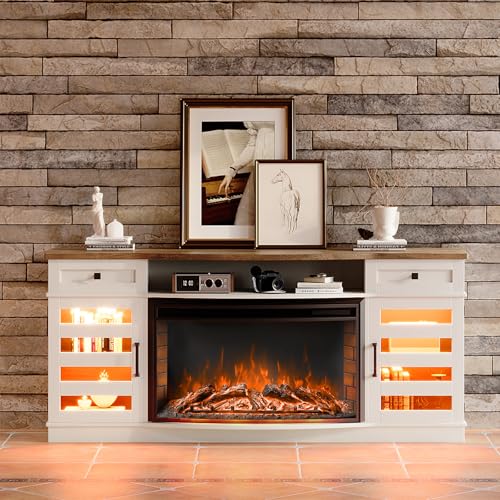 LUXOAK 70" Farmhouse Curved Fireplace TV Stand, LED Light Entertainment Center Table with 36'' Upgrade Electric Fireplace TV Console Cabinet for TVs Up to 80", Antique White Barnwood LUXOAK