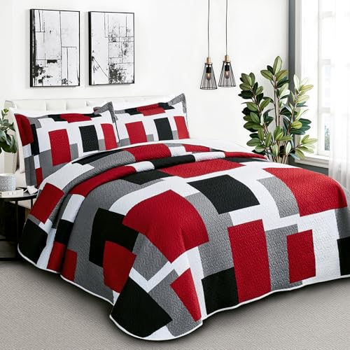 Tyrot 3 Piece Red Black Grey Quilt Set King Size Christmas Red Black Geometric Reversible Bedding Set Microfiber Lightweight Bedspread Coverlet with 2 Shams Modern Bed Cover for All Season, 106''x96'' Tyrot