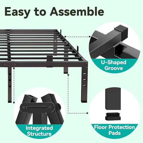 Nelaukoko Queen Bed Frame, 14 Inch Metal Platform Bed Frame Queen Size with Under Storage Space, Mattress Anti-Slip Design, Heavy Duty Sturdy Foundation, No Box Spring Needed, Easy Assembly, Black Nelaukoko