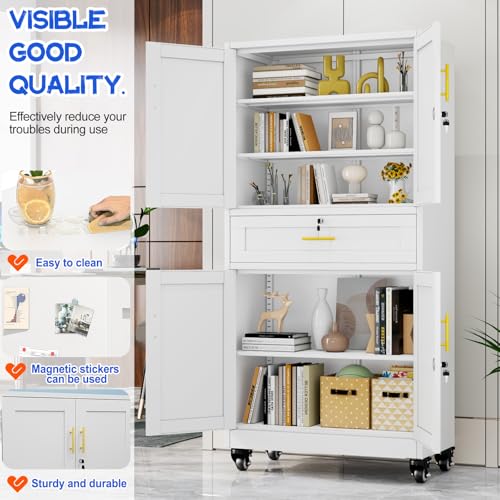 GAIOUS 71” Tall Metal Garage Storage Cabinet with Wheels and Drawer, Steel File Cabinet for Home Office, Tool Cabinet with 4 Locking Doors and 3 Adjustable Shelves, Rolling Cabinet for Garage - White GAIOUS