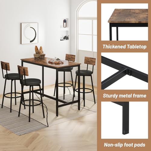 Zevemomo Dining Table Set for 4, 5-Piece Bar Table Set, Kitchen Table and Chairs, Counter Height High Top Table with 4 PU Upholstered Stools, Space-Saving Pub Table Sets for Small Space, Brown Zevemomo