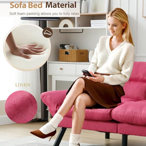 Modern Linen Velvet Convertible Folding Futon Couch Sofa Bed Adjustable Pillow Top Arm Memory Foam Couch Double Loveseat Sofa for Compact Living Space,Dorm,Game Studio,Apartment,Bedroom (Rose Red) Klwenas Maec