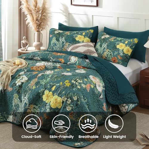 Anibedding Floral Quilt Set Queen Size, 3Pieces Green Microfiber Lightweight Besspread for Bedroom Living Room All Season Use Anibedding