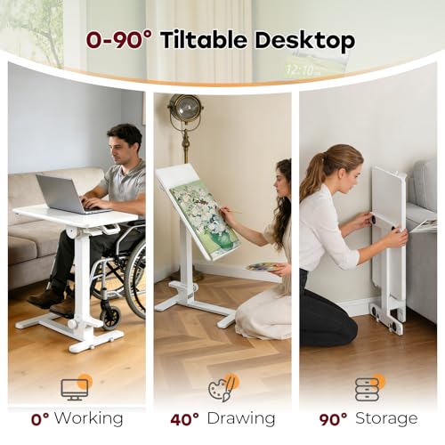 JYLH JOYSEEKER Foldable Mobile Standing Desk, 27 Inch Small Rolling Laptop Cart Height Adjustment, 90° Tiltable Bedside Table, No Assembly Needed Portable Computer Workstation, White JYLH JOYSEEKER