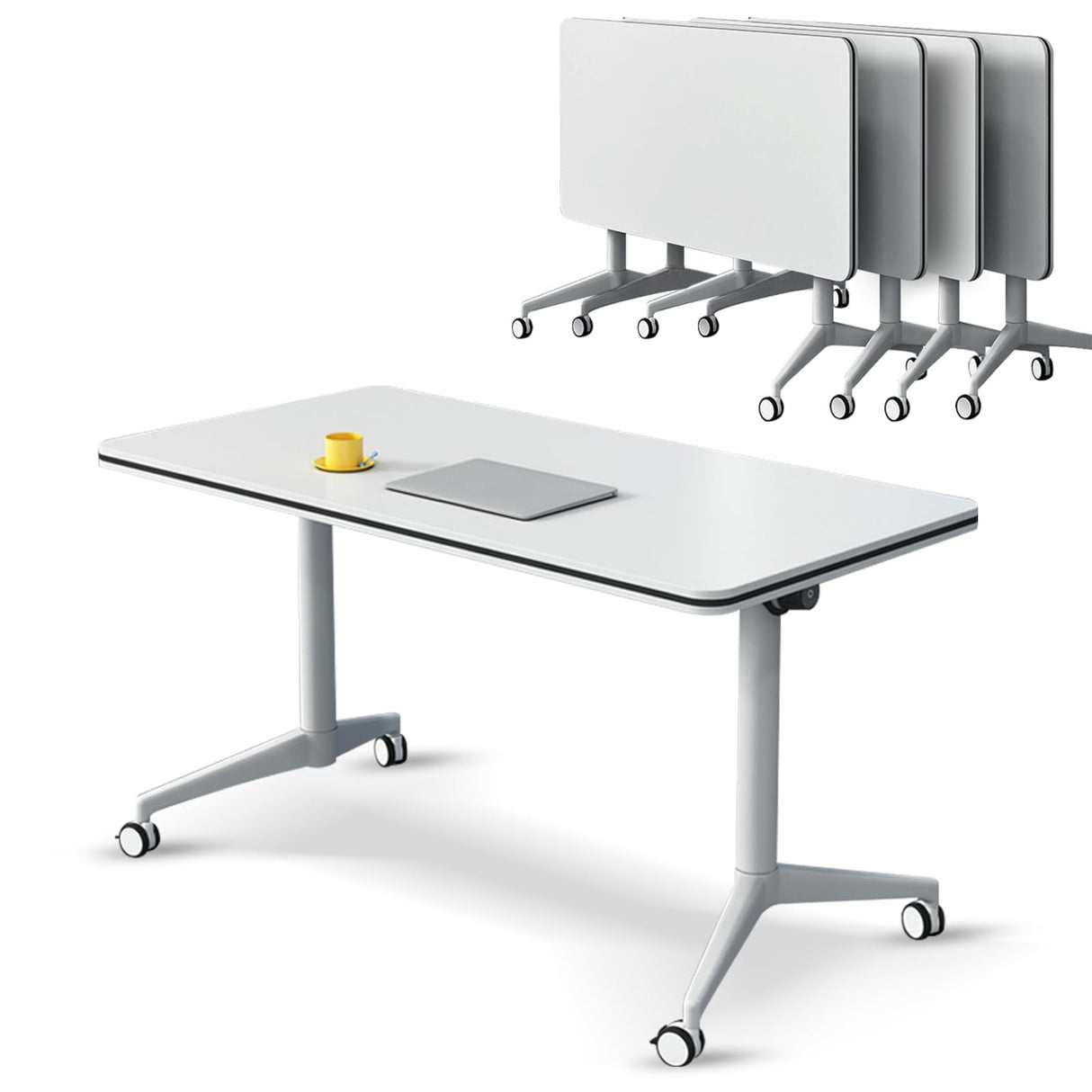 Ptosziav Conference Room Table Set of 4, Folding Conference Table Flip Top Mobile Training Table, Office Foldable Meeting Table Seminar Table Conference Room Tables with Wheels (140x60x75cm) Ptosziav