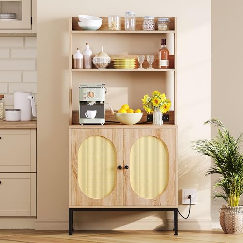DWVO Oak Microwave Stand Bakers Rack with Power Outlet and Storage Cabinet DWVO