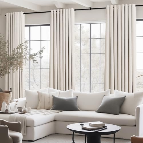 Jowels Cream Linen Blackout Curtains 108 Length 2 Panels Set for Living Room Bedroom, 100% Black Out Thermal Insulated Linen Drapes, Room Darkening Grommet Curtains 108 Inches Long Natural Beige Jowels
