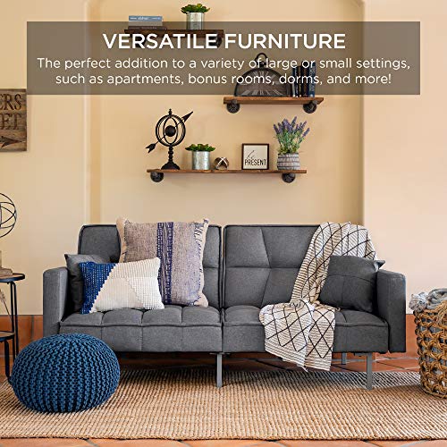 Best Choice Products Convertible Linen Fabric Tufted Split-Back Plush Futon Sofa Furniture for Living Room, Apartment, Bonus Room, Overnight Guests w/ 2 Pillows, Wood Frame, Metal Legs - Dark Gray Best Choice Products