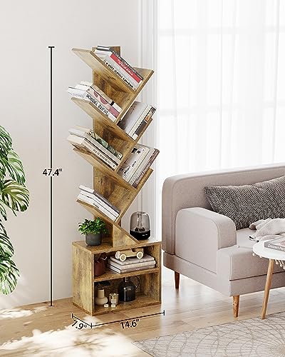 SUNMORY Rustic Brown 6-Tier Tree Bookshelf with Storage Cabinet for Small Spaces SUNMORY