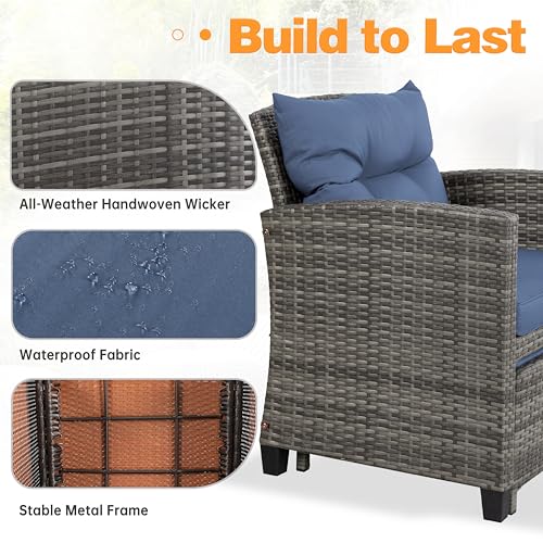 Shintenchi 5 Pieces Patio Furniture Set, Outdoor Wicker Patio Conversation Set with Ottoman, All Weather Rattan Outside Chairs with Coffee Table & Cushion for Porch, Garden, Backyard, Navy Shintenchi