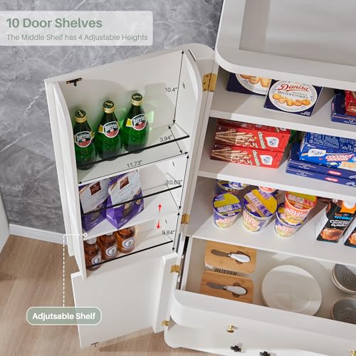 IFGET 71" Tall Kitchen Pantry, Modern Curved Pantry Storage Cabinet with 4 Doors and 6 Adjustable Shelves, Cupboard for Kitchen, Dining Room, Living Room and Bathroom, White IFGET