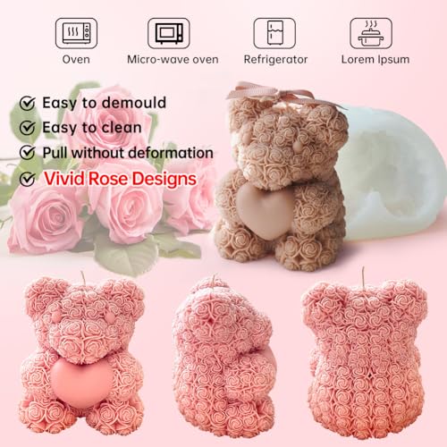 Midnadiy Rose Bear Candle Mold,Teddy Bear Silicone Molds for Candle Making,Epoxy Resin Bears Molds for DIY Candle, Valentine's Day Gift, Birthday Gifts, Home Decor Crafts (Mini)