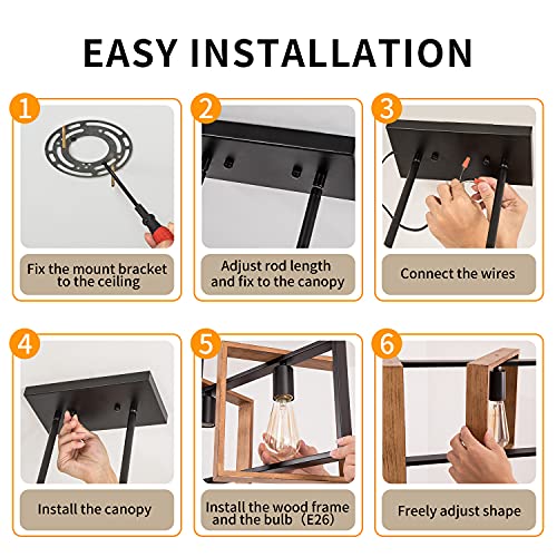 Dining Room Light Fixture Farmhouse Pendant Lights Kitchen Island Rustic Kitchen Light Fixtures 4 Lights Wood and Black Metal Rectangular Chandelier Ceiling Hanging Lighting 35.4" Poroulux