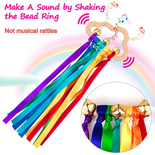 Baby Sensory Ribbon Ring Toys - 2Pcs Rainbow Ribbon Rattle Natural Wooden Ribbon Ring Molar Wood Circle Newborn Teether Sensory Montessori Toy for 6-12 Month Babies Toddler FPVERA